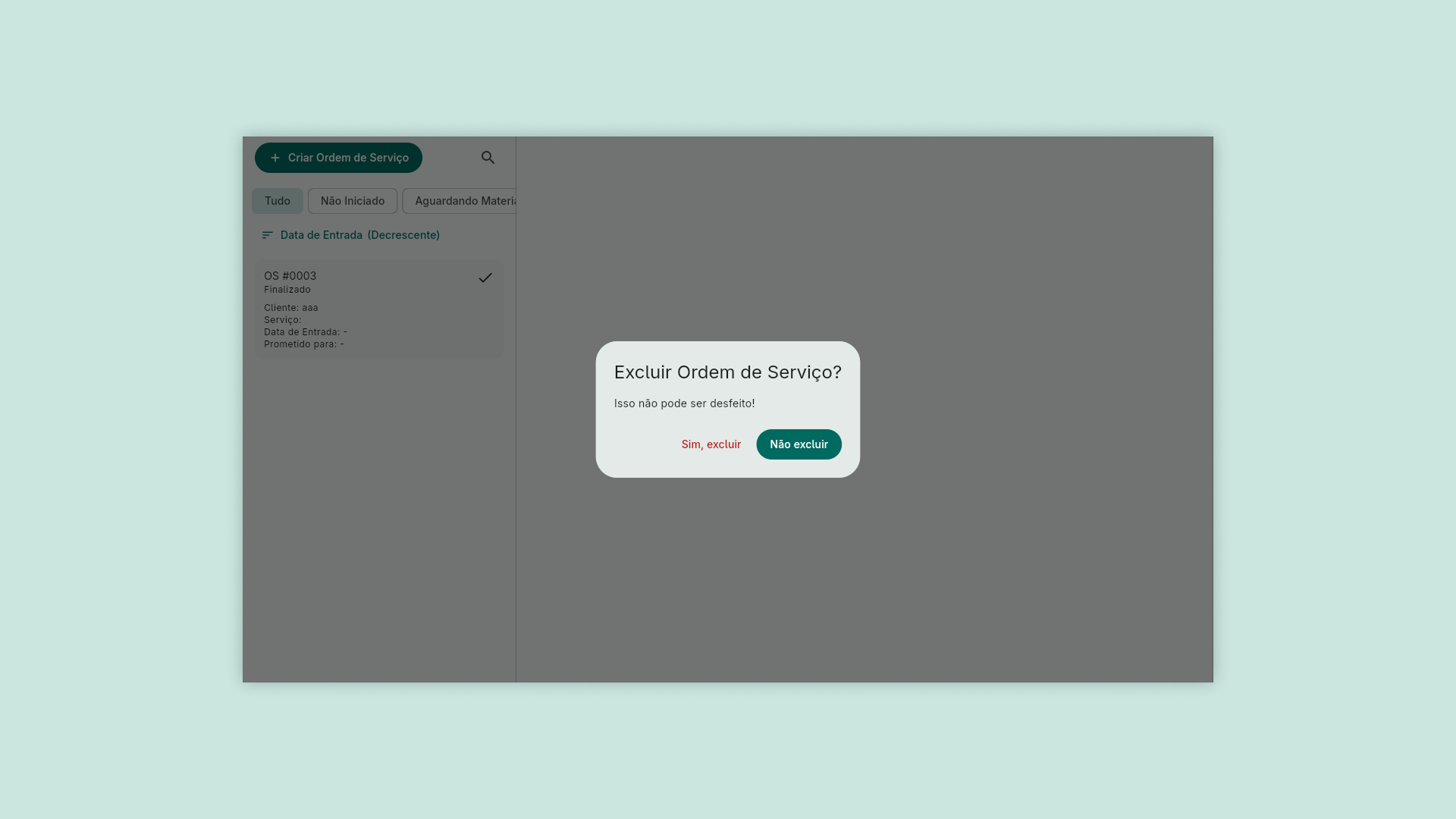 An alert dialogue confirming the deletion of a work order. The confirm deletion button is red, and the cancel button teal.